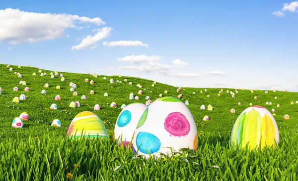 Colorful Easter Eggs Meadow Bright Spring Cloudy Sky Copy Space — Stockfoto