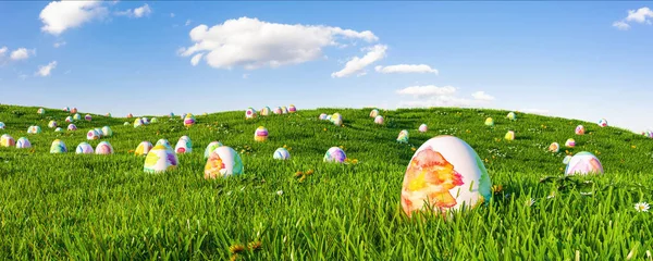 Many Colorful Easter Eggs Painted Water Paint Easter Hunt Green — Stok fotoğraf