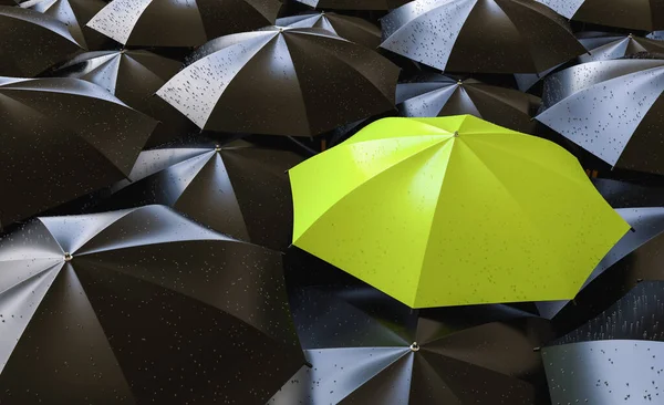 Unique Green Umbrella Many Dark Ones Standing Out Crowd Individuality — Stock Photo, Image