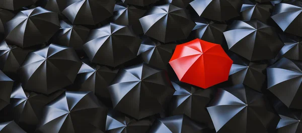 Unique Red Umbrella Many Dark Ones Standing Out Crowd Individuality — Stock Photo, Image