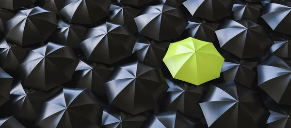 Unikátní Zelený Deštník Mezi Mnoha Tmavými Vyčnívající Davu Individualita Rozdíl — Stock fotografie