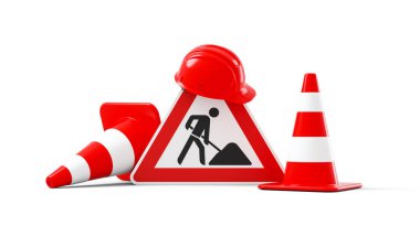Under construction, road sign, traffic cones and safety helmet, isolated on white background. 3D rendering