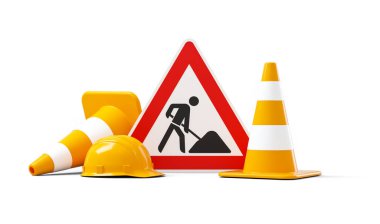 Under construction, road sign, traffic cones and safety helmet, isolated on white background. 3D rendering