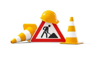 Under construction, road sign, traffic cones and orange safety helmet, isolated on white background. 3D rendering