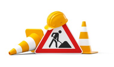 Under construction, road sign, traffic cones and safety helmet, isolated on white background. 3D rendering