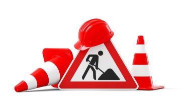 Under construction, road sign, traffic cones and red safety helmet, isolated on white background. 3D rendering