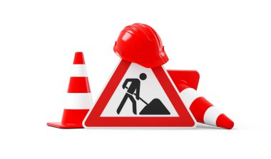 Under construction, road sign, traffic cones and safety helmet, isolated on white background. 3D rendering