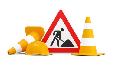 Under construction, road sign, traffic cones and safety helmet, isolated on white background. 3D rendering