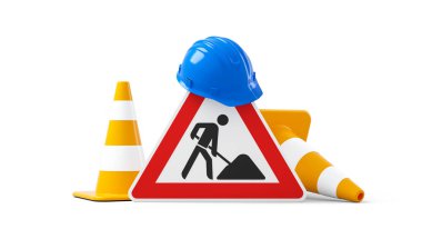 Under construction, road sign, traffic cones and safety helmet, isolated on white background. 3D rendering