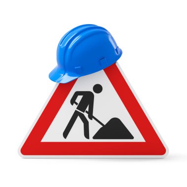 Under construction, road sign and blue safety helmet, isolated on white background. 3D rendering