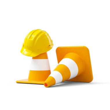 Under construction, traffic cones and yellow safety helmet, isolated on white background. 3D rendering