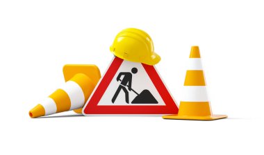 Under construction, road sign, traffic cones and yellow safety helmet, isolated on white background. 3D rendering