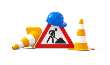 Under construction, road sign, traffic cones and blue safety helmet, isolated on white background. 3D rendering