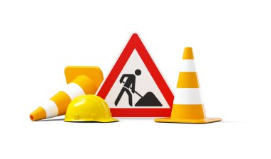 Under construction, road sign, traffic cones and safety helmet, isolated on white background. 3D rendering