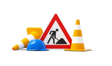 Under construction, road sign, traffic cones and blue safety helmet, isolated on white background. 3D rendering