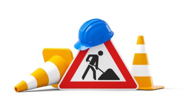 Under construction, road sign, traffic cones and safety helmet, isolated on white background. 3D rendering