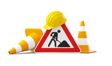 Under construction, road sign, traffic cones and safety helmet, isolated on white background. 3D rendering