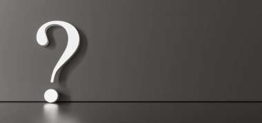 White question mark on a black background with empty copy space on left side. 3D Rendering