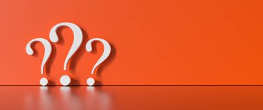 many White question marks on a red background with empty copy space on left side. 3D Rendering