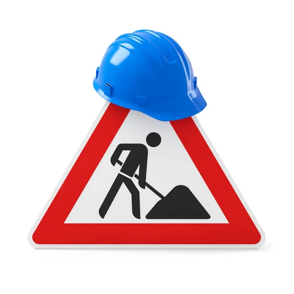 Construction Road Sign Safety Helmet Isolated White Background Rendering — Φωτογραφία Αρχείου