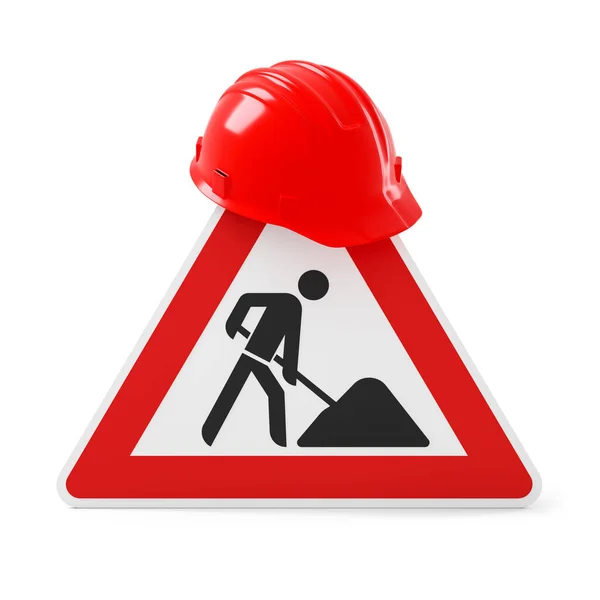 Construction Road Sign Safety Helmet Isolated White Background Rendering — Stok Foto