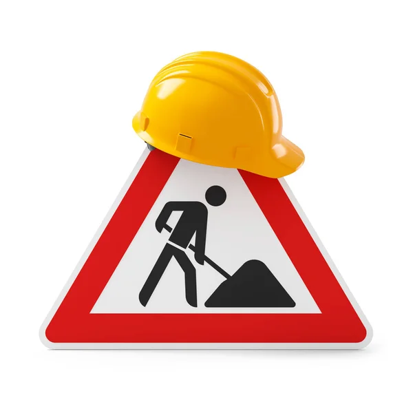 Construction Road Sign Safety Helmet Isolated White Background Rendering — Φωτογραφία Αρχείου