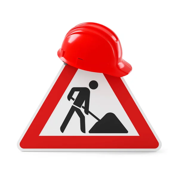 Construction Road Sign Red Safety Helmet Isolated White Background Rendering — Φωτογραφία Αρχείου