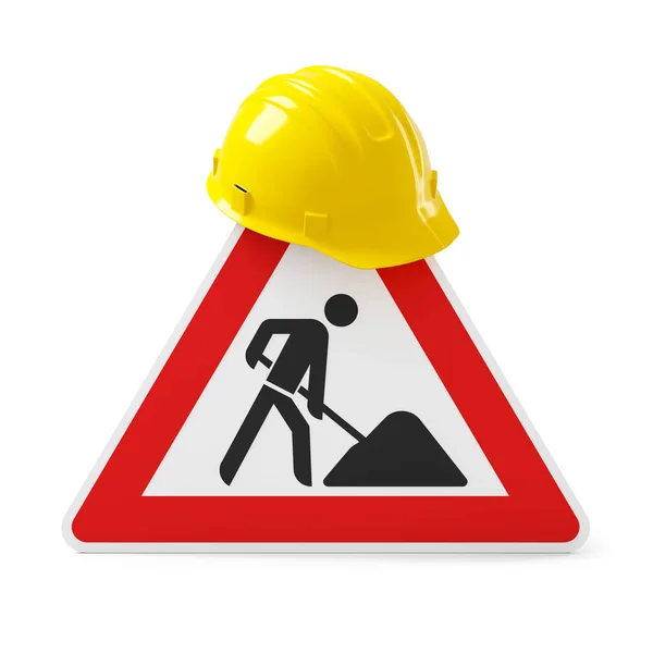 Construction Road Sign Yellow Safety Helmet Isolated White Background Rendering — Φωτογραφία Αρχείου