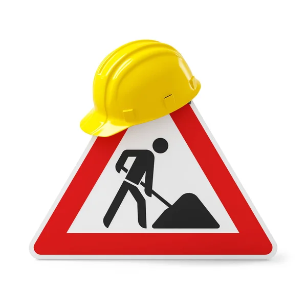 Construction Road Sign Safety Helmet Isolated White Background Rendering — Φωτογραφία Αρχείου