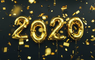 New year 2020 celebration. Gold foil balloons numeral 2020 and confetti on black background