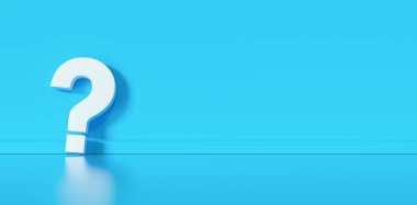 Big white question mark in front of blue wall with copy space as faq concept