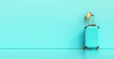 Blue suitcase with sun glasses, hat on pastel blue background. travel concept, with copy space for individual text