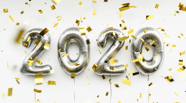 New year 2020 celebration. silver foil balloons numeral 2020 and confetti on blue background