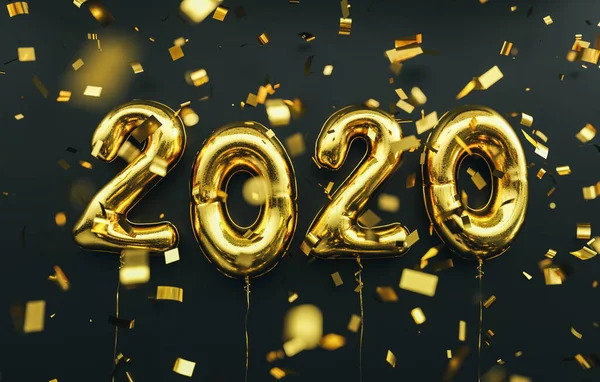 2020年新年庆祝活动 数字2020金箔气球和黑色背景的彩旗 — 图库照片