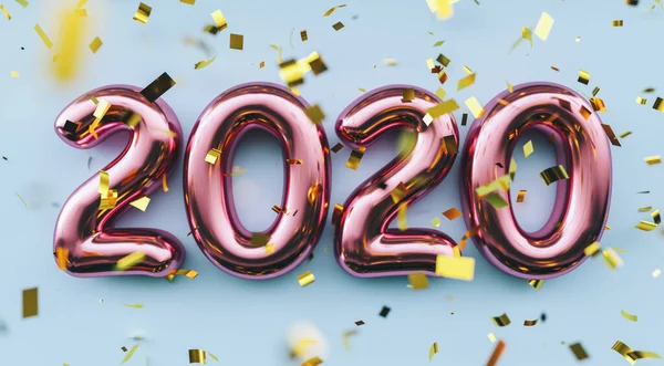 祝2020年新年快乐 假日粉红金属号码2020和蓝色背景的圆饼 — 图库照片