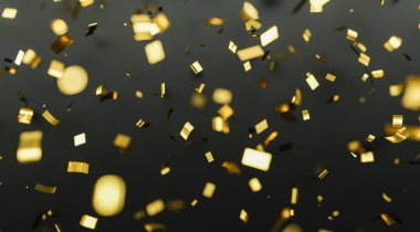 Gold glitter texture on black background. Golden explosion of confetti. Golden grainy abstract texture on black background.