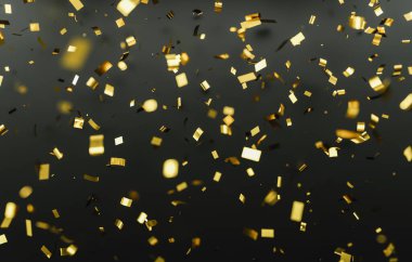 Gold glitter texture on black background. Golden explosion of confetti. Golden grainy abstract texture on black background.