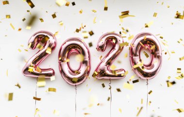 New year 2020 celebration. pink metallic foil balloons numeral 2020 and confetti on white background