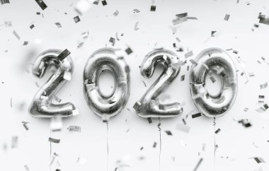 New year 2020 celebration. silver foil balloons numeral 2020 and confetti on blue background
