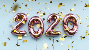 New year 2020 celebration. pink metallic foil balloons numeral 2020 and confetti on blue background