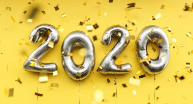 New year 2020 celebration. silver metallic foil balloons numeral 2020 and confetti on yellow background