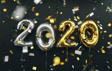 New year 2020 celebration. silver and gold foil balloons numeral 2020 and confetti on black background