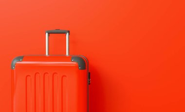 Suitcase on red background. travel concept, with copy space for individual text