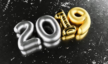 New year 2019 celebration. Silver numeral 2019 and Gold mettalic black background. New Year's Eve, concept image - 3d rendering - Illustration