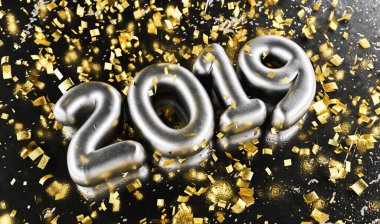 New year 2019 celebration. Silver numeral 2019 and Gold confetti on black luxery background. New Year's Eve, concept image - 3d rendering - Illustration