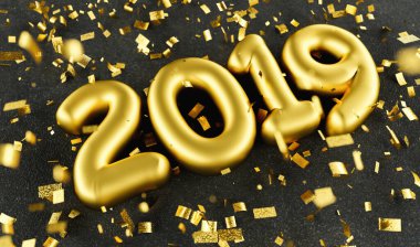 New year 2019 celebration. Gold numeral 2019 and confetti on black luxery background. New Year's Eve, concept image - 3d rendering - Illustration 