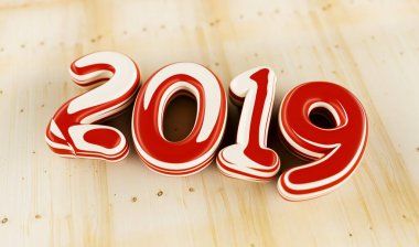 New year 2019 celebration. colorful inked numeral 2019 on wood background. New Year's Eve, concept image - 3d rendering - Illustration 