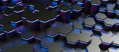 colorful bright neon uv blue and purple lights abstract hexagons background pattern, gaming Concept image - 3D rendering - Illustration 