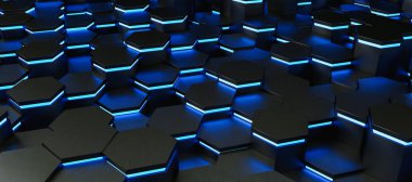 Blue neon uv abstract hexagons background pattern 3D rendering - Illustration 