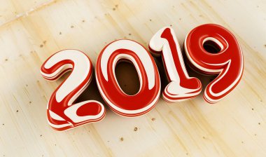 New year 2019 celebration. inked numeral 2019 on wood background. New Year's Eve, concept image - 3d rendering - Illustration 